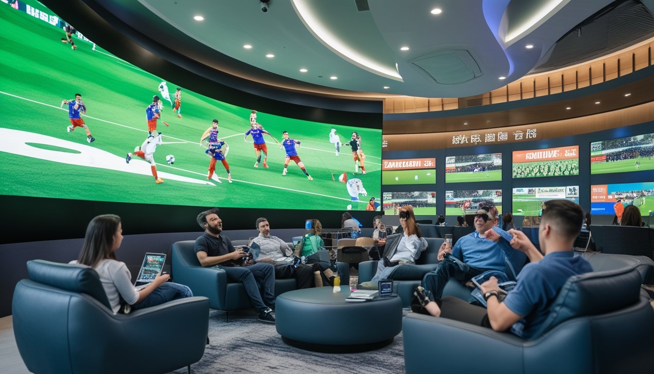 Orang-orang menonton pertandingan sepak bola secara langsung di layar besar sambil menggunakan perangkat elektronik di ruang modern.