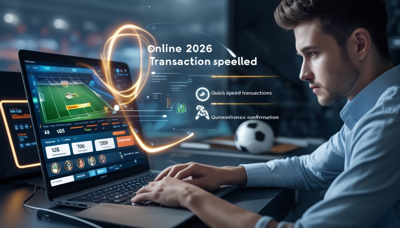 Seorang pria muda sedang menggunakan laptop dengan tampilan antarmuka taruhan olahraga yang menunjukkan transaksi cepat, dengan latar belakang stadion sepak bola dan bola di atas meja.