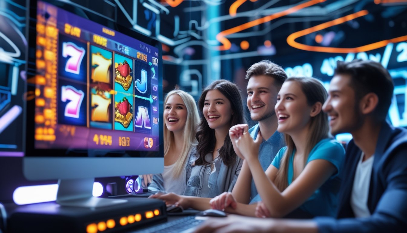 Beberapa orang muda sedang bermain permainan slot online di komputer dengan ekspresi senang dan bersemangat.
