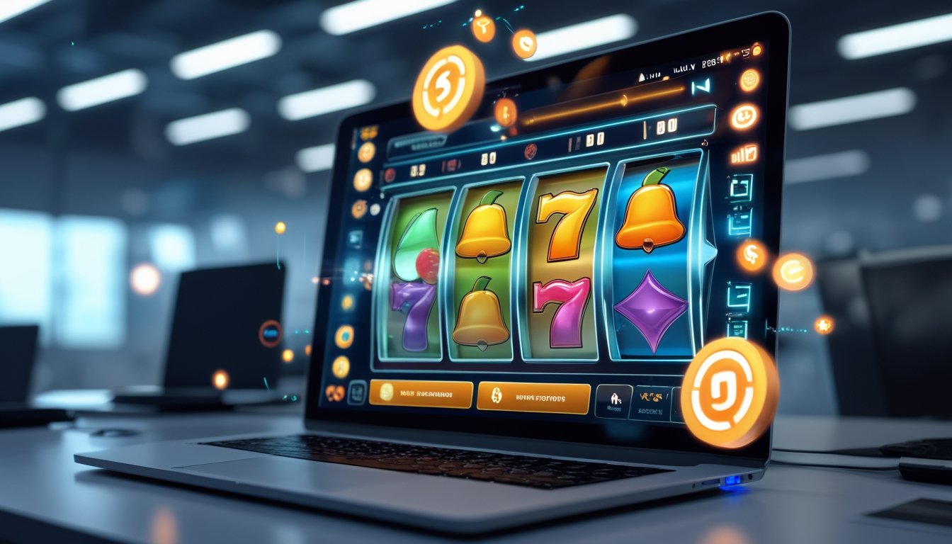Suasana ruang kantor modern dengan komputer menampilkan permainan slot online berwarna-warni dan grafik data yang menunjukkan tingkat kemenangan tinggi.