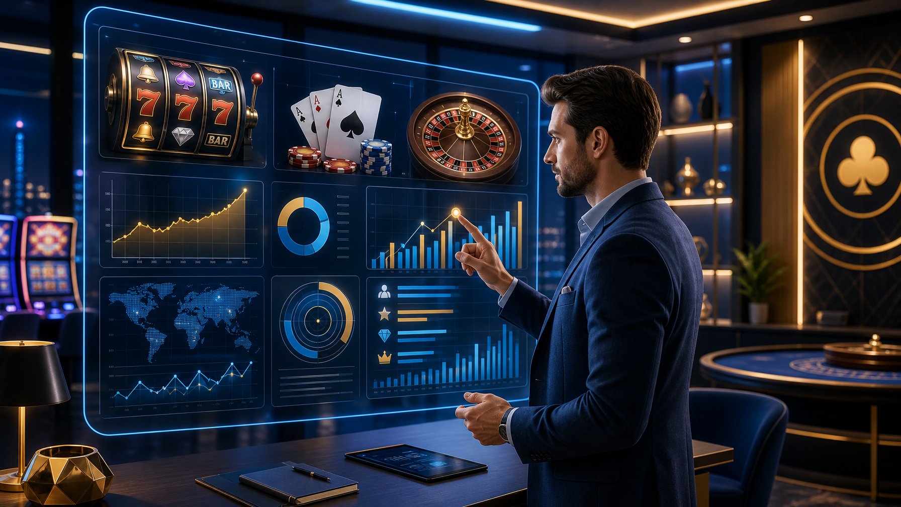A Business Professional Analyzing Casino Game Data On A Transparent Touchscreen In A Modern Office With Casino Game Elements In The Background.