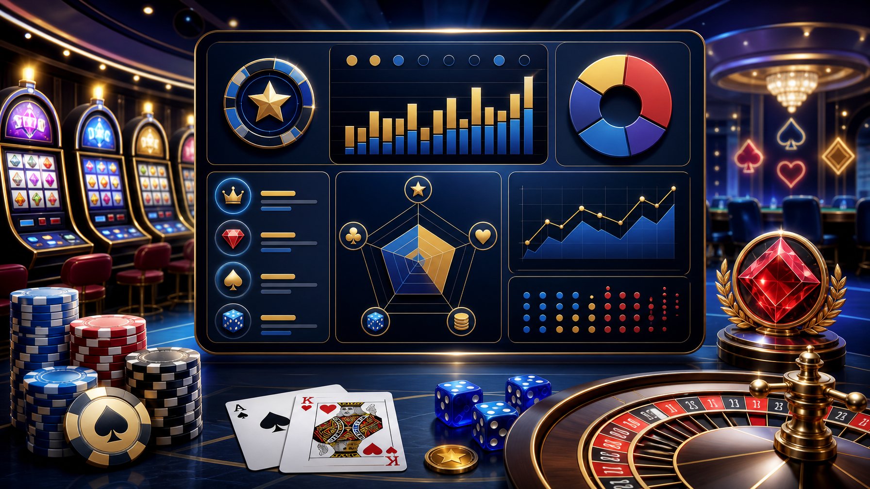 A Casino Scene With Gaming Elements Like Slot Machines, Cards, Chips, And Roulette Wheels Alongside Charts And Graphs Representing Game Variety And Math Profiles.