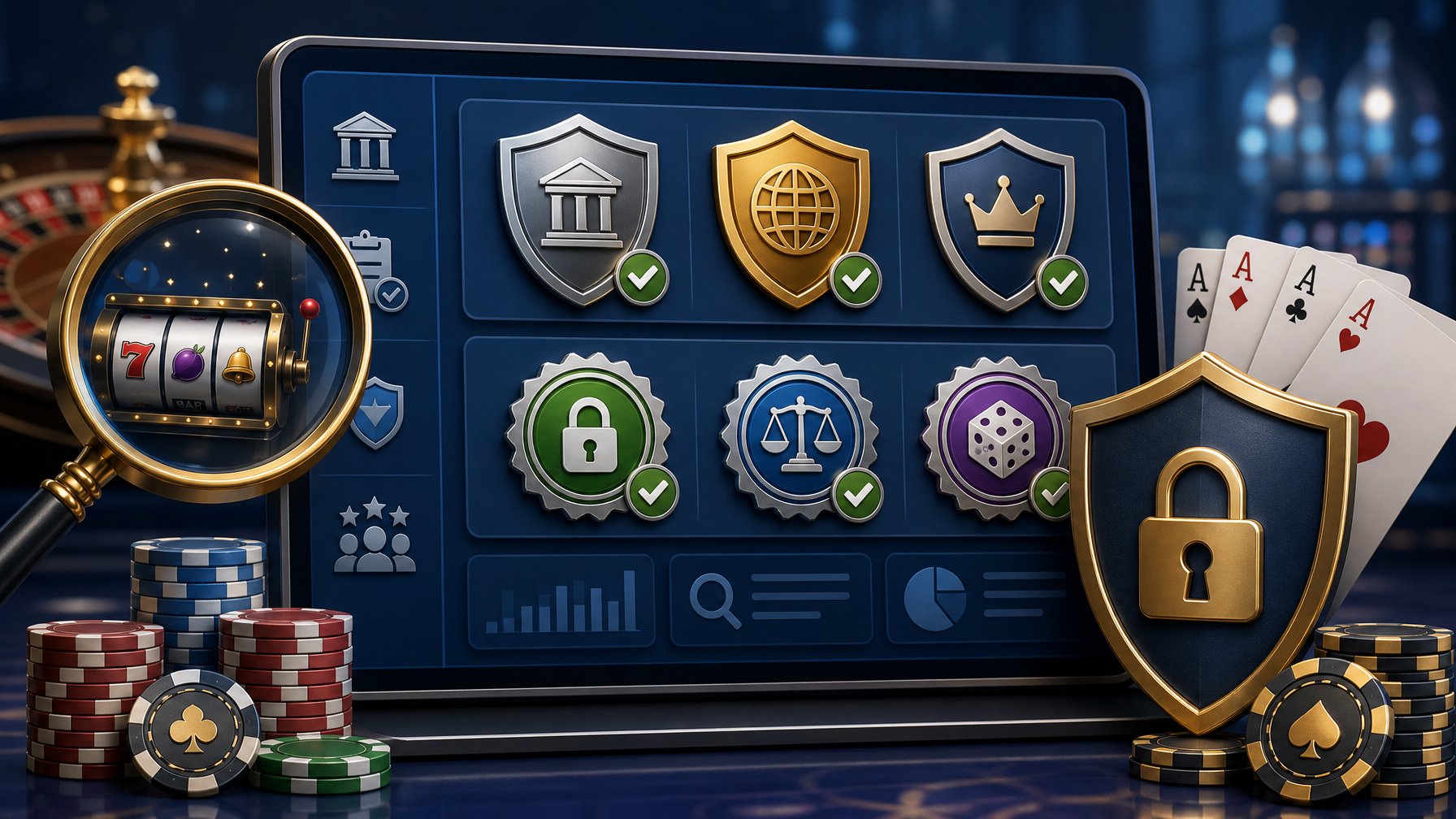 A Digital Interface Showing Certification Badges, Licenses, And Quality Seals With Symbols Like A Magnifying Glass, Checkmarks, And A Shield, Alongside Casino Elements Such As Poker Chips And Playing Cards.