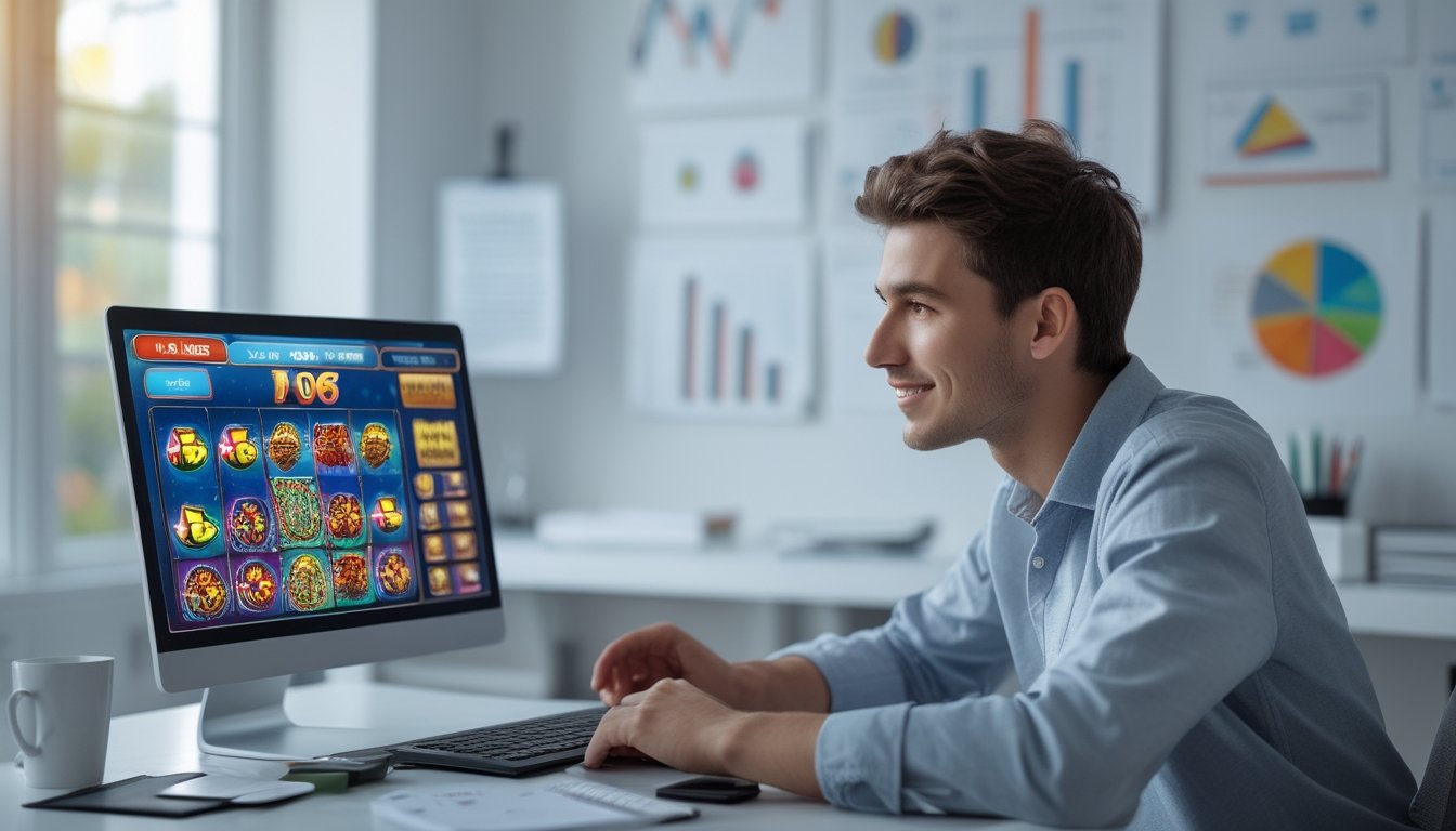 Seorang pria muda duduk di meja dengan laptop yang menampilkan permainan slot, terlihat fokus dan percaya diri di ruangan yang terang dan rapi.