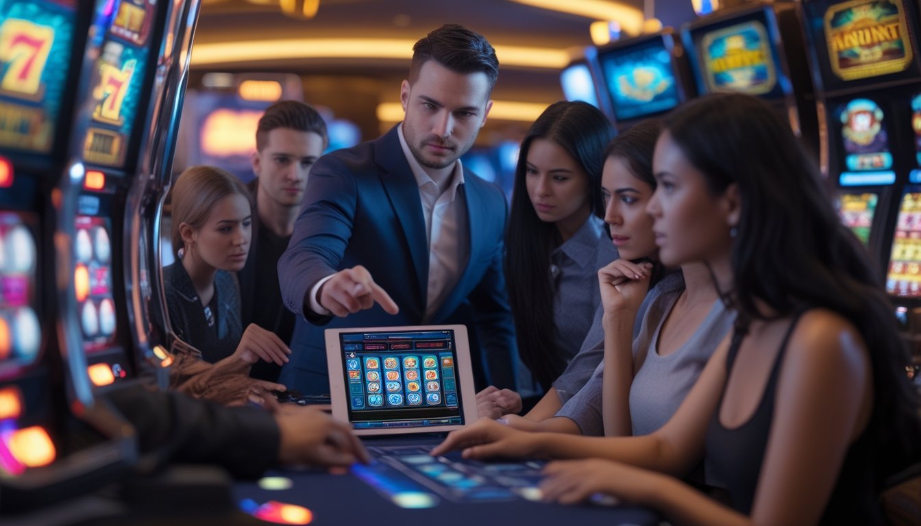 Sekelompok pemain profesional sedang menganalisis pola mesin slot di dalam kasino modern.