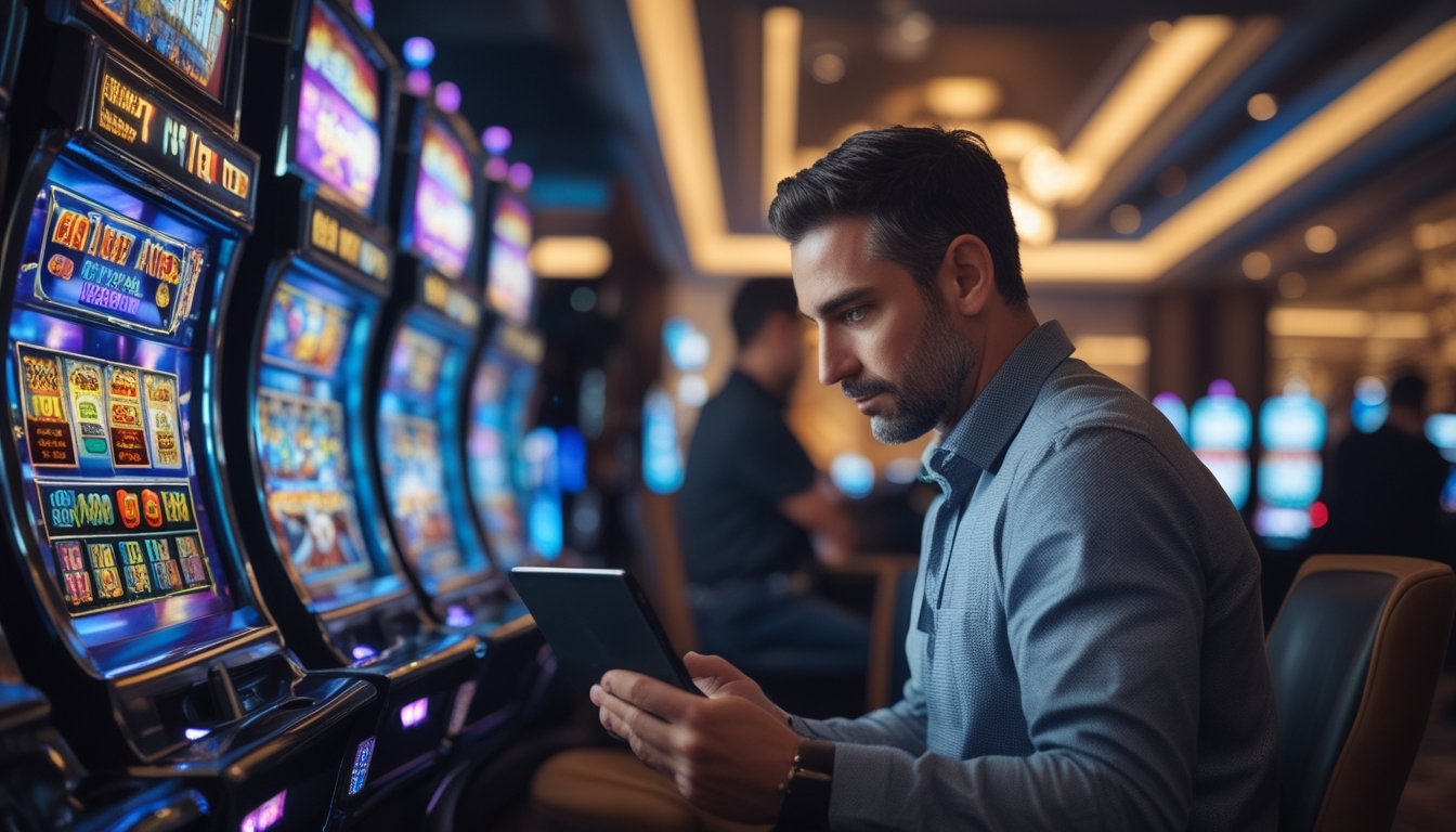 Seorang pemain slot berpengalaman sedang menganalisis pola mesin slot menggunakan tablet di dalam kasino modern.