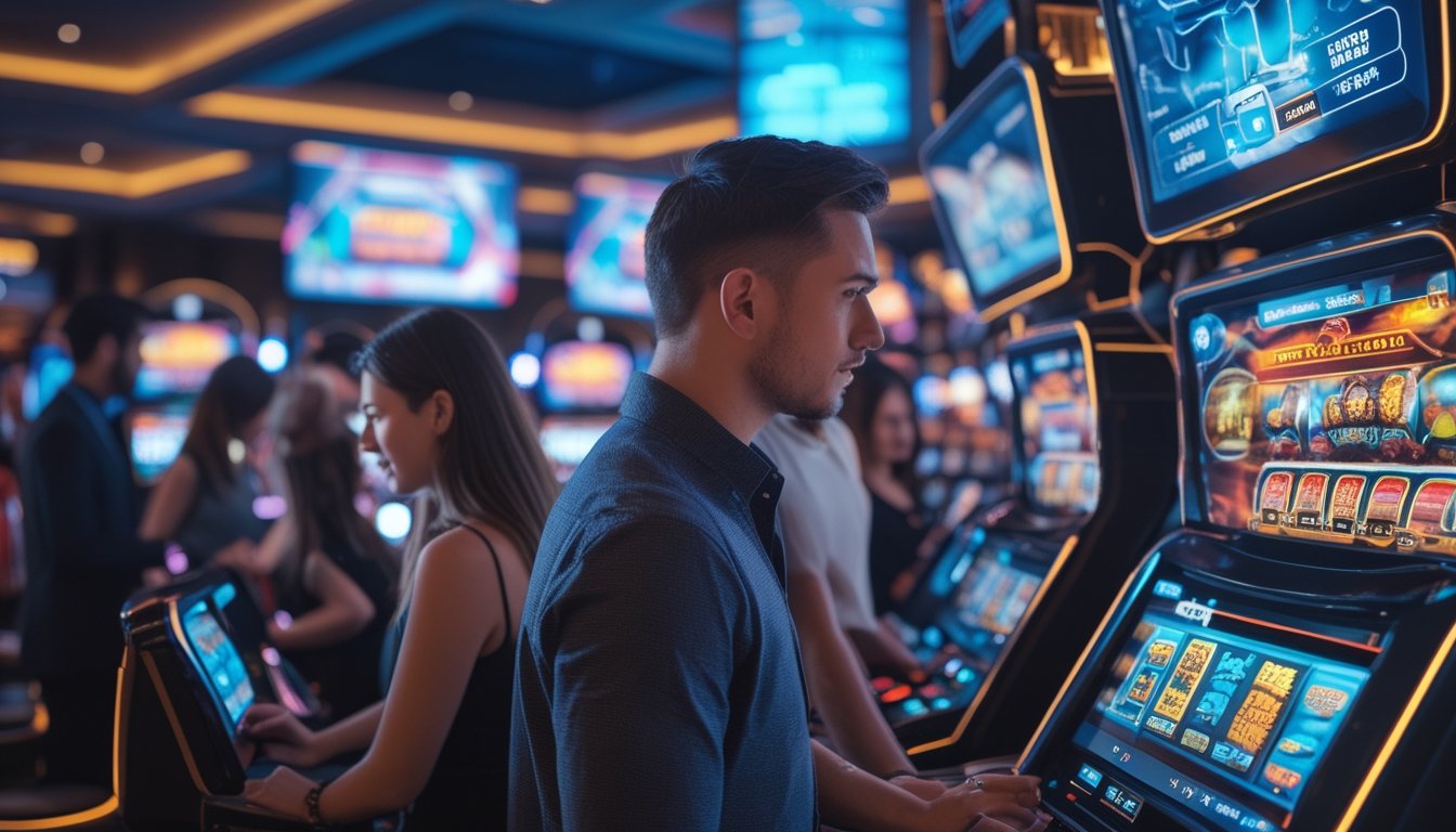 Sejumlah orang bermain mesin slot modern di sebuah ruang permainan yang terang dan futuristik.