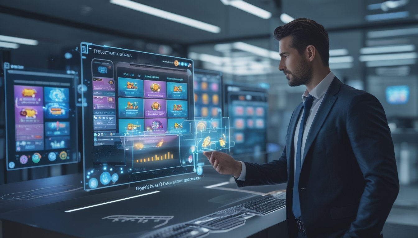 Seorang profesional berinteraksi dengan layar holografik menampilkan ikon permainan slot dalam lingkungan kantor modern.