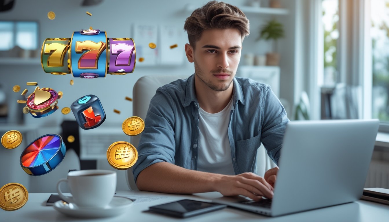 Seorang dewasa muda duduk di meja dengan laptop, dikelilingi simbol permainan slot online, di ruang kerja rumah yang terang dan rapi.
