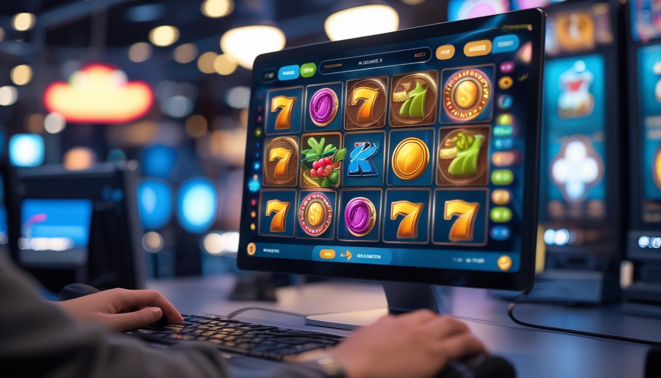 Tampilan komputer dengan permainan slot online yang berwarna-warni dan tangan seseorang sedang bermain di depan layar.