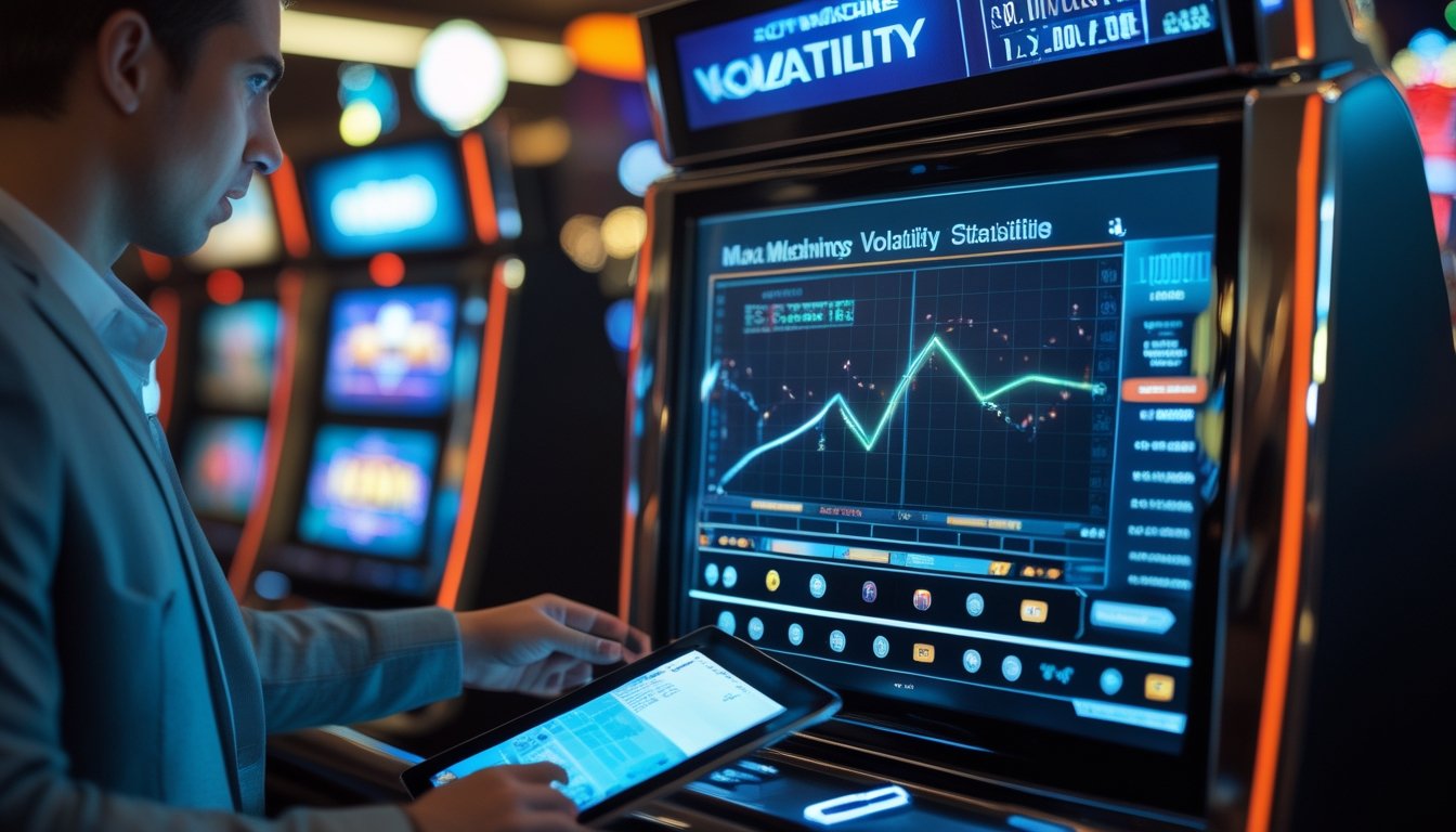 Seseorang sedang menganalisis data slot online di kasino modern dengan layar mesin slot dan grafik statistik di sekitarnya.