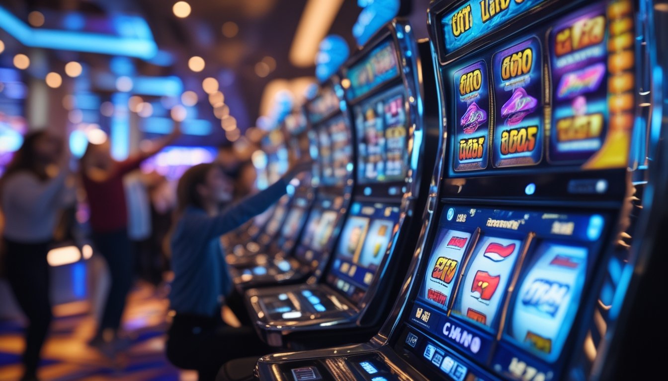 Mesin slot modern dengan lampu berwarna cerah dan pemain yang senang di kasino.