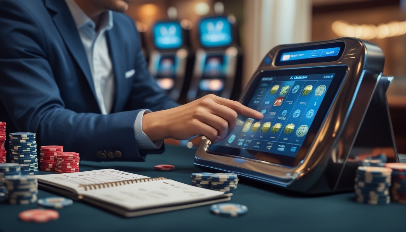 Seseorang duduk di meja permainan slot dengan catatan keuangan dan tumpukan chip, tampak fokus mengatur modal di lingkungan kasino.
