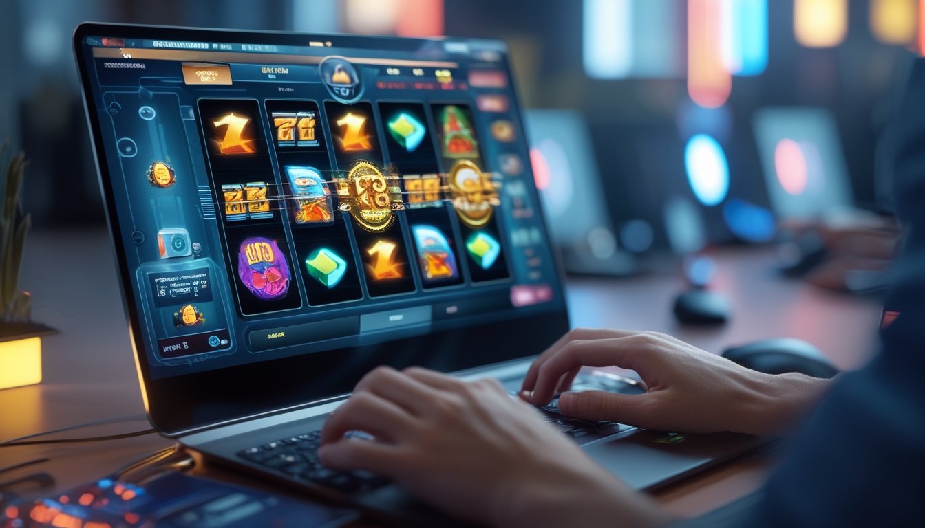 Seorang pemain sedang menggunakan laptop untuk bermain mesin slot online dengan tampilan layar berwarna cerah di meja kerja modern.