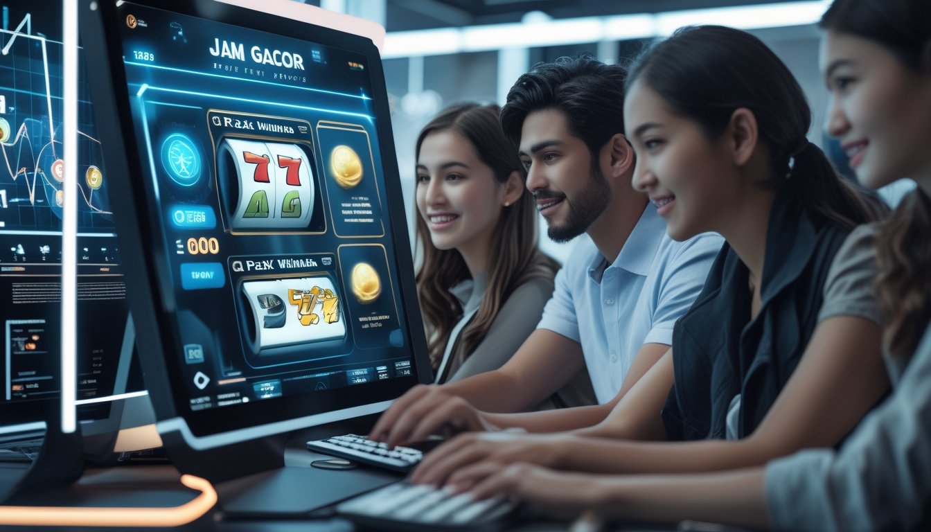 Beberapa orang muda menggunakan perangkat digital untuk bermain slot online dengan latar belakang elemen futuristik yang menggambarkan data dan informasi.