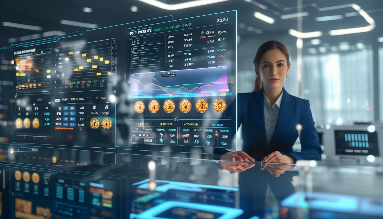 Seorang profesional sedang menganalisis data RTP live pada beberapa layar transparan di kantor modern.