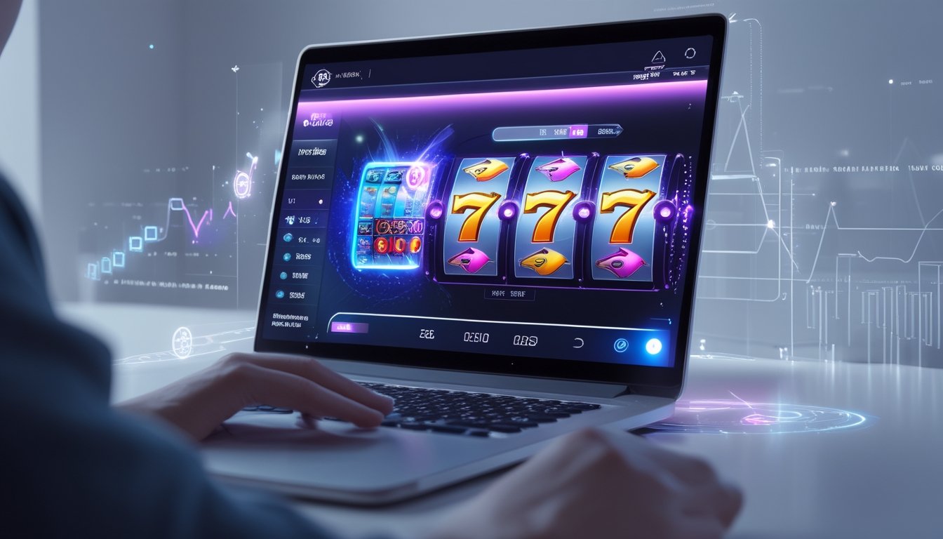 Layar komputer menampilkan permainan slot online dengan grafik warna-warni dan data statistik langsung di sekitarnya.