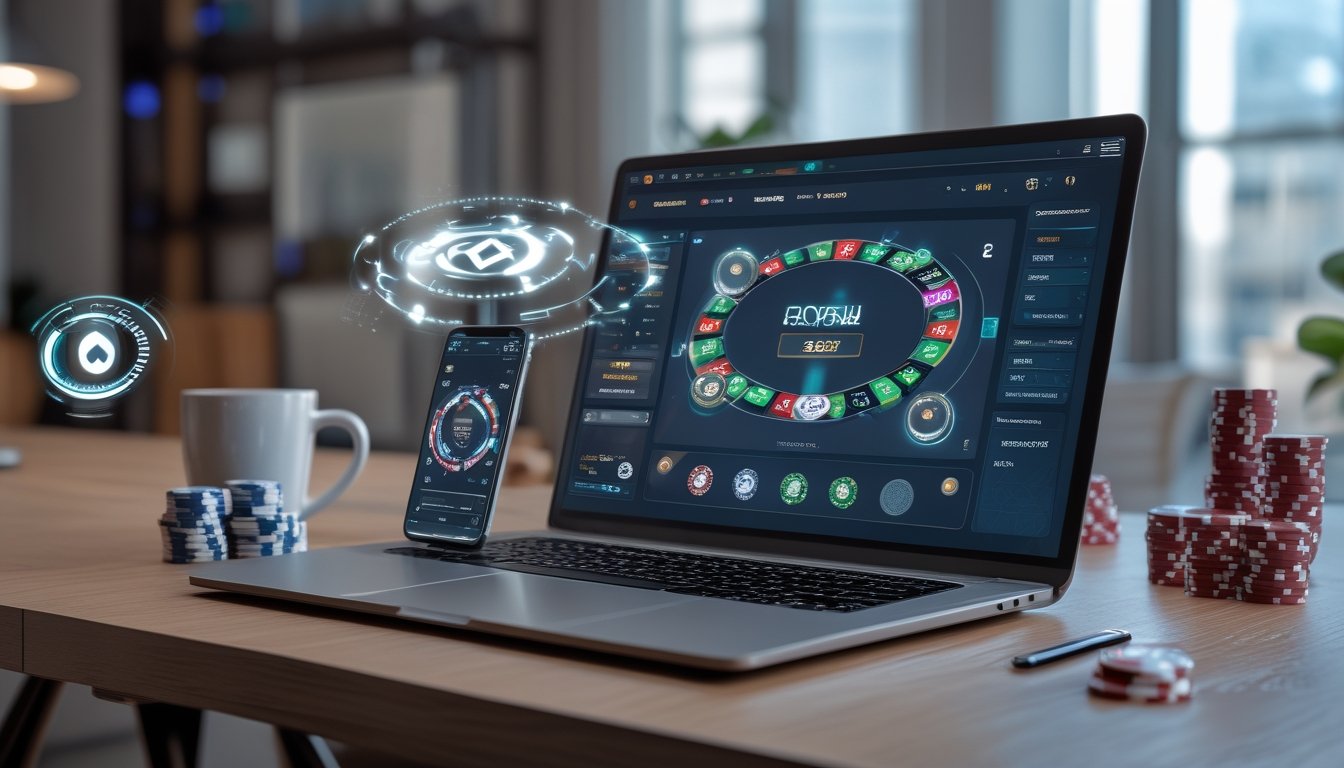 Seorang pemain poker online menggunakan laptop dengan tumpukan chip poker dan ponsel di meja kayu bersih.