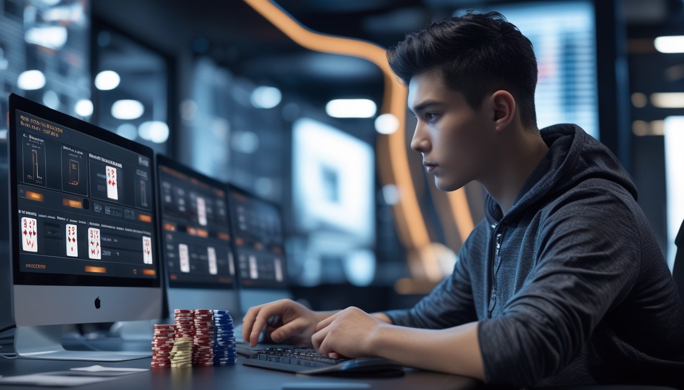 Seorang pria muda fokus bermain poker online di depan beberapa monitor komputer di ruang kerja modern.