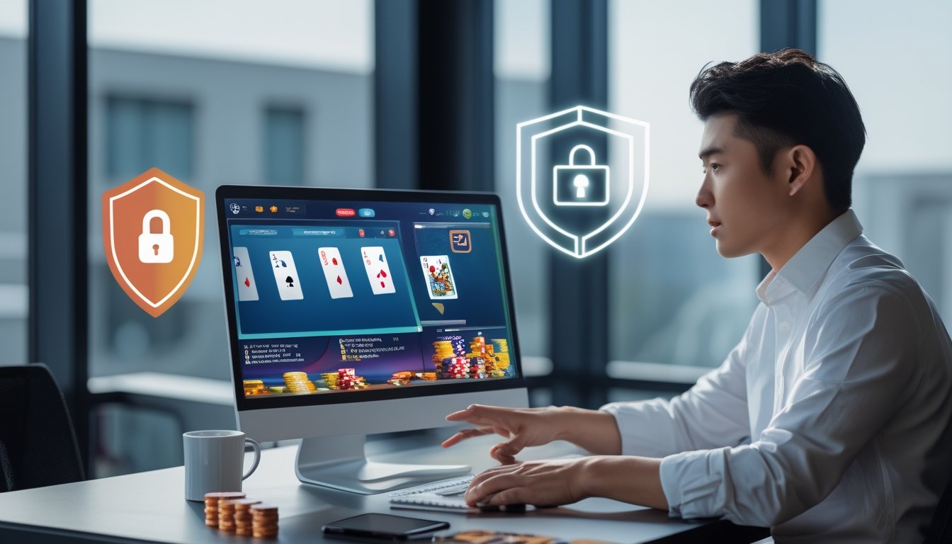 Seorang pria muda duduk di meja kerja dengan laptop yang menampilkan situs poker online, di ruang kantor modern yang terang dan rapi.
