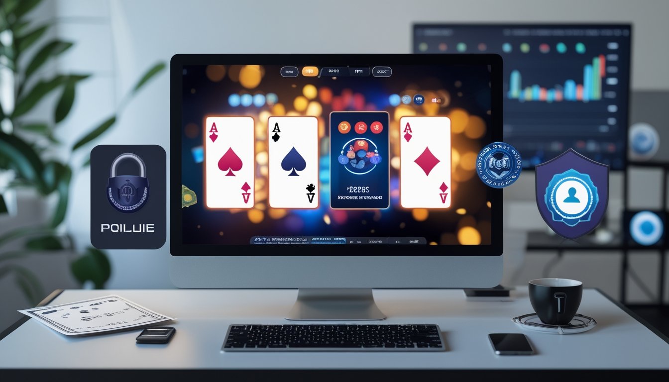 Meja kerja modern dengan komputer menampilkan permainan poker online, dilengkapi simbol keamanan dan alat kerja seperti kopi dan ponsel.