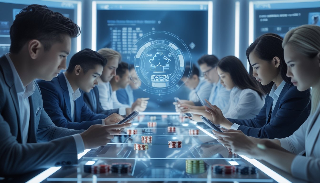 Beberapa orang bermain poker online menggunakan perangkat digital dengan tampilan teknologi canggih di ruangan modern.