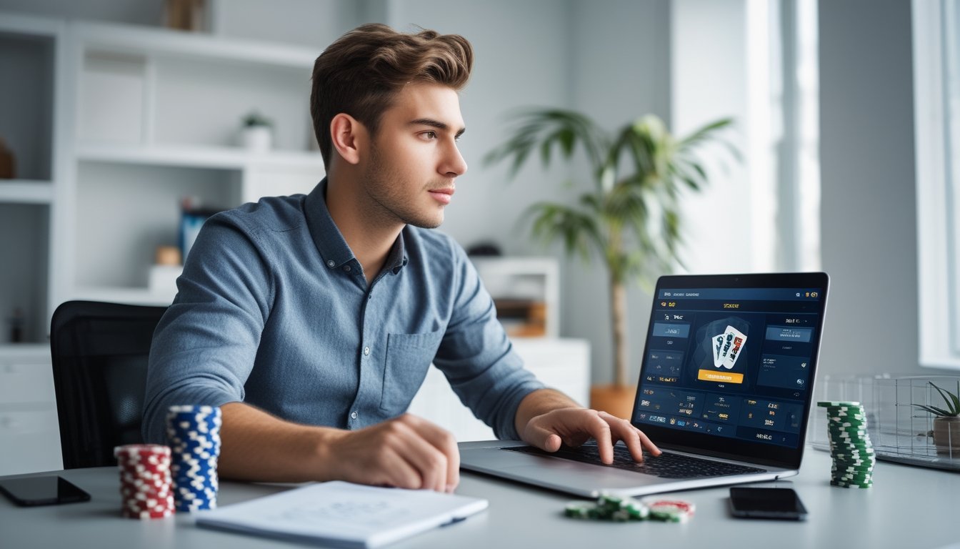 Seorang pria muda duduk di meja dengan laptop yang menampilkan permainan poker online, di meja terdapat tumpukan chip poker dan catatan keuangan.