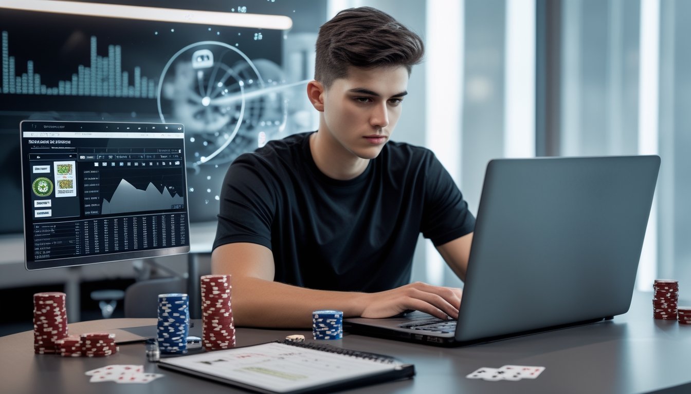 Seorang dewasa muda duduk di meja dengan laptop yang menampilkan permainan poker online, dikelilingi chip poker, kartu, dan buku catatan keuangan.