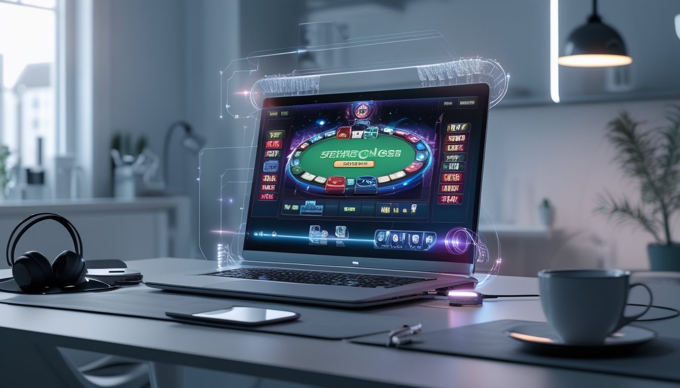 Sebuah layar komputer menampilkan permainan poker online dengan chip dan kartu digital, dikelilingi oleh suasana ruang kerja modern dan peralatan teknologi.