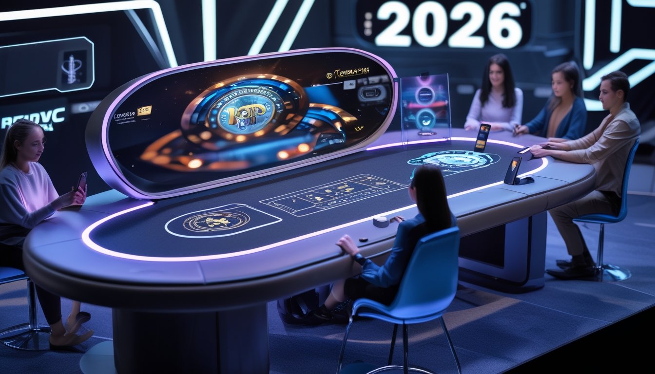 Beberapa orang bermain poker online menggunakan perangkat digital di meja poker dengan latar belakang teknologi futuristik.