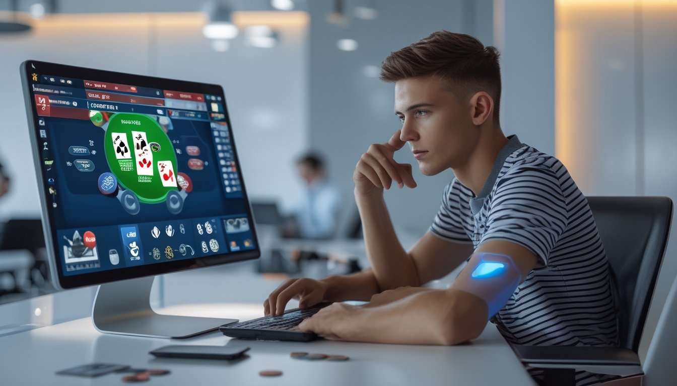 Seorang pemain poker online muda duduk di depan laptop dengan tampilan permainan poker digital, terlihat fokus dan percaya diri dalam suasana ruangan modern.
