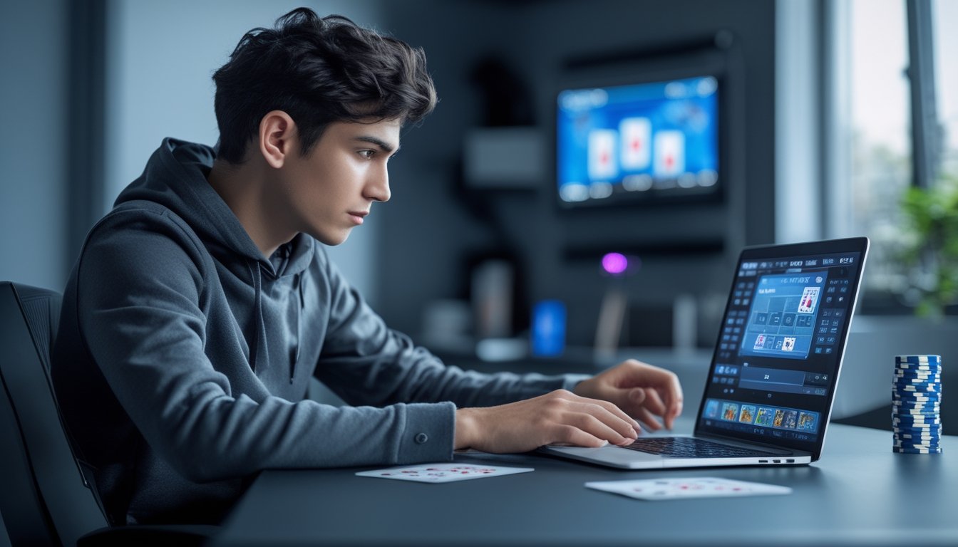 Seorang pria muda duduk di depan laptop bermain poker online dengan ekspresi serius dan tumpukan chip poker di meja.