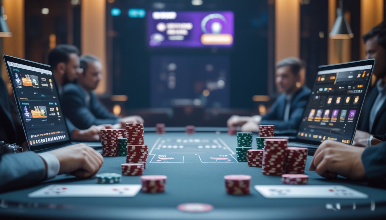 Suasana permainan poker dengan meja, chip, kartu, dan perangkat digital yang menunjukkan perbedaan antara permainan uang tunai dan turnamen.