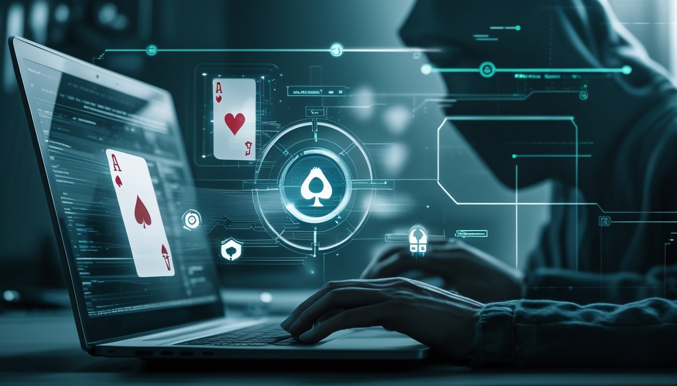 Antarmuka digital futuristik dengan kartu poker holografik dan ikon transaksi aman di depan komputer, menggambarkan ancaman keamanan di situs poker online.