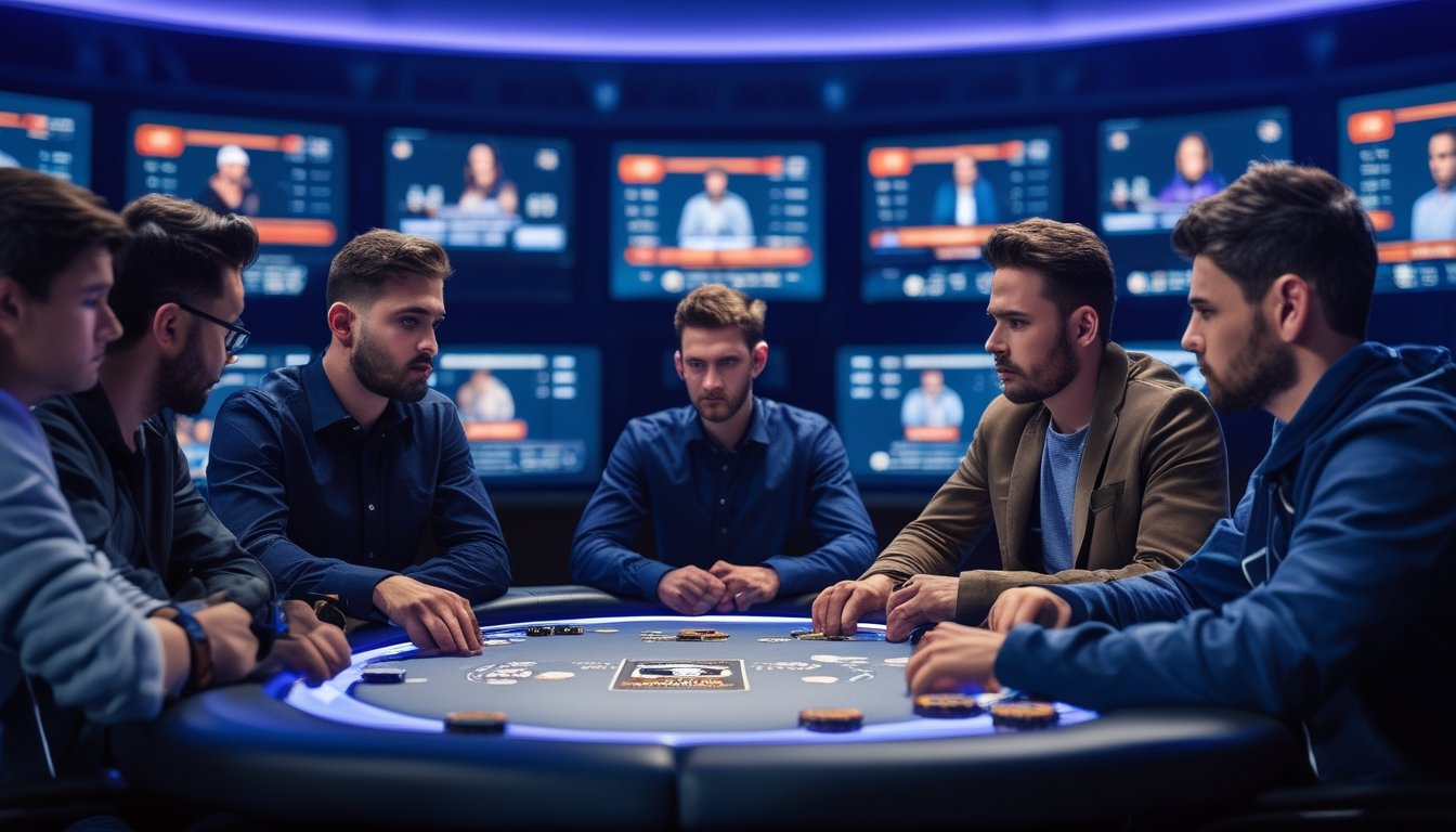 Beberapa pemain poker sedang duduk mengelilingi meja digital dengan kartu dan chip, fokus memperhatikan permainan dalam suasana ruangan modern.