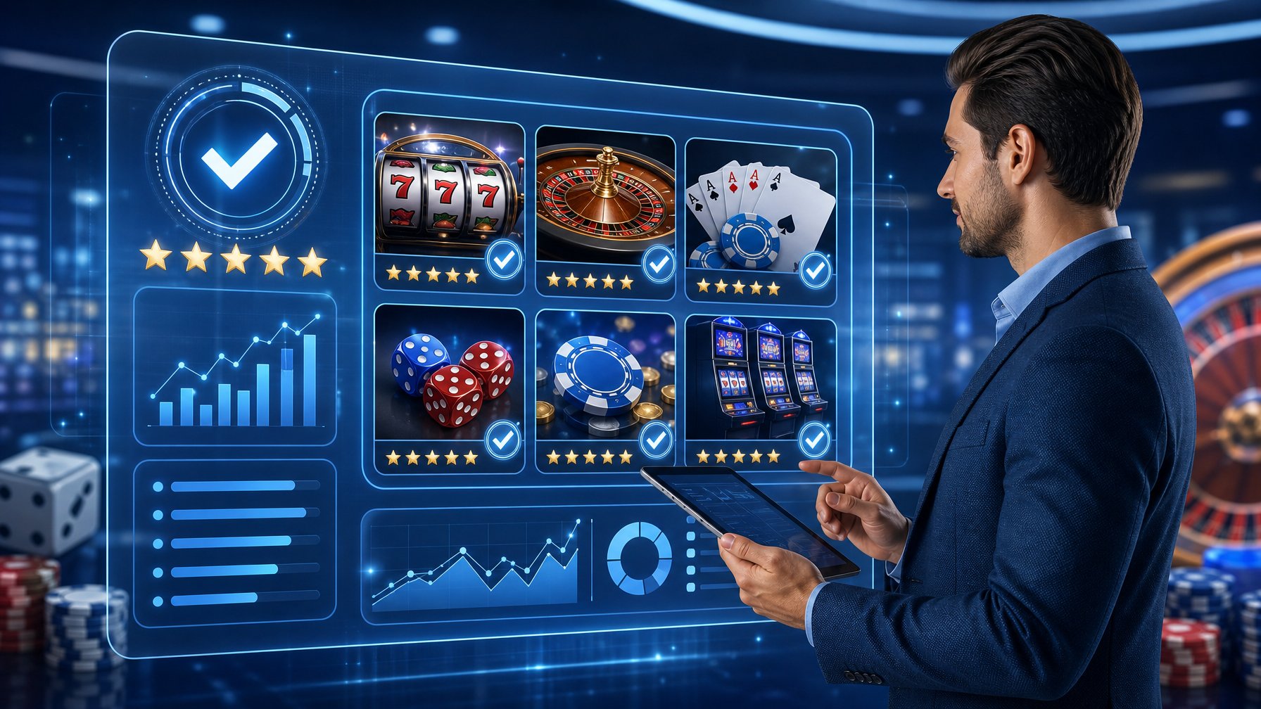 A Business Professional Reviewing Casino Game Icons And Ratings On A Large Digital Screen With Casino Elements In The Background.