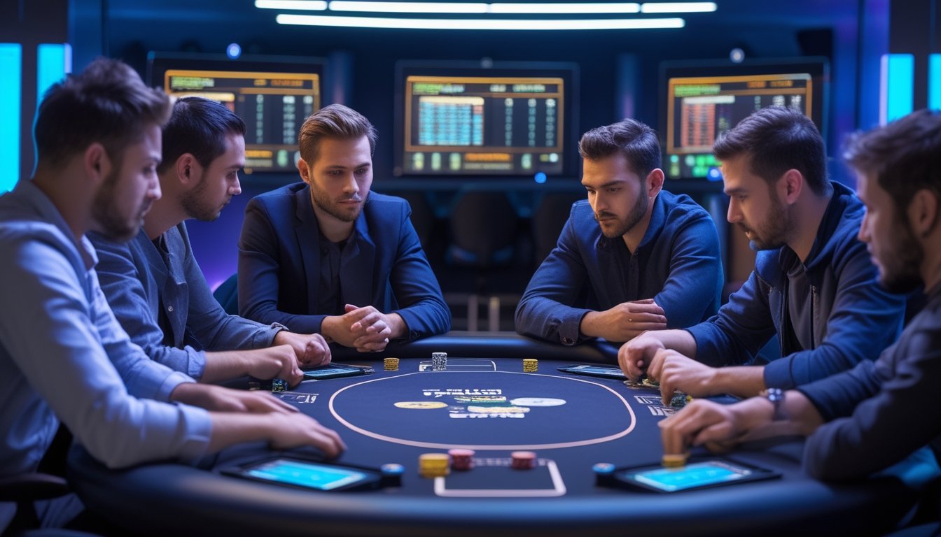 Beberapa pemain poker duduk mengelilingi meja poker dengan perangkat digital, fokus pada permainan dan mengamati lawan mereka.