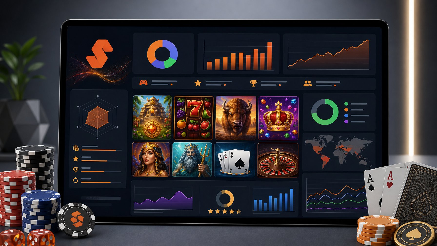 A Digital Dashboard Displaying Charts, Statistics, And Casino Game Icons With Poker Chips And Dice Nearby, Representing A Casino Game Provider Review.