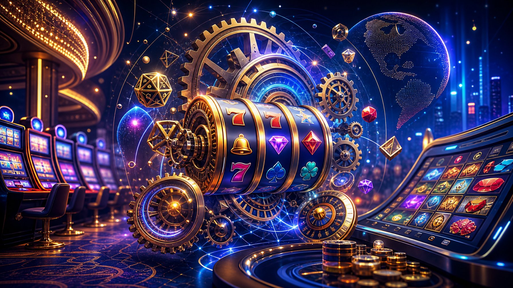 A Modern Casino Scene With Glowing Slot Machines And Abstract Game Mechanics Elements Representing A Casino Game Provider.