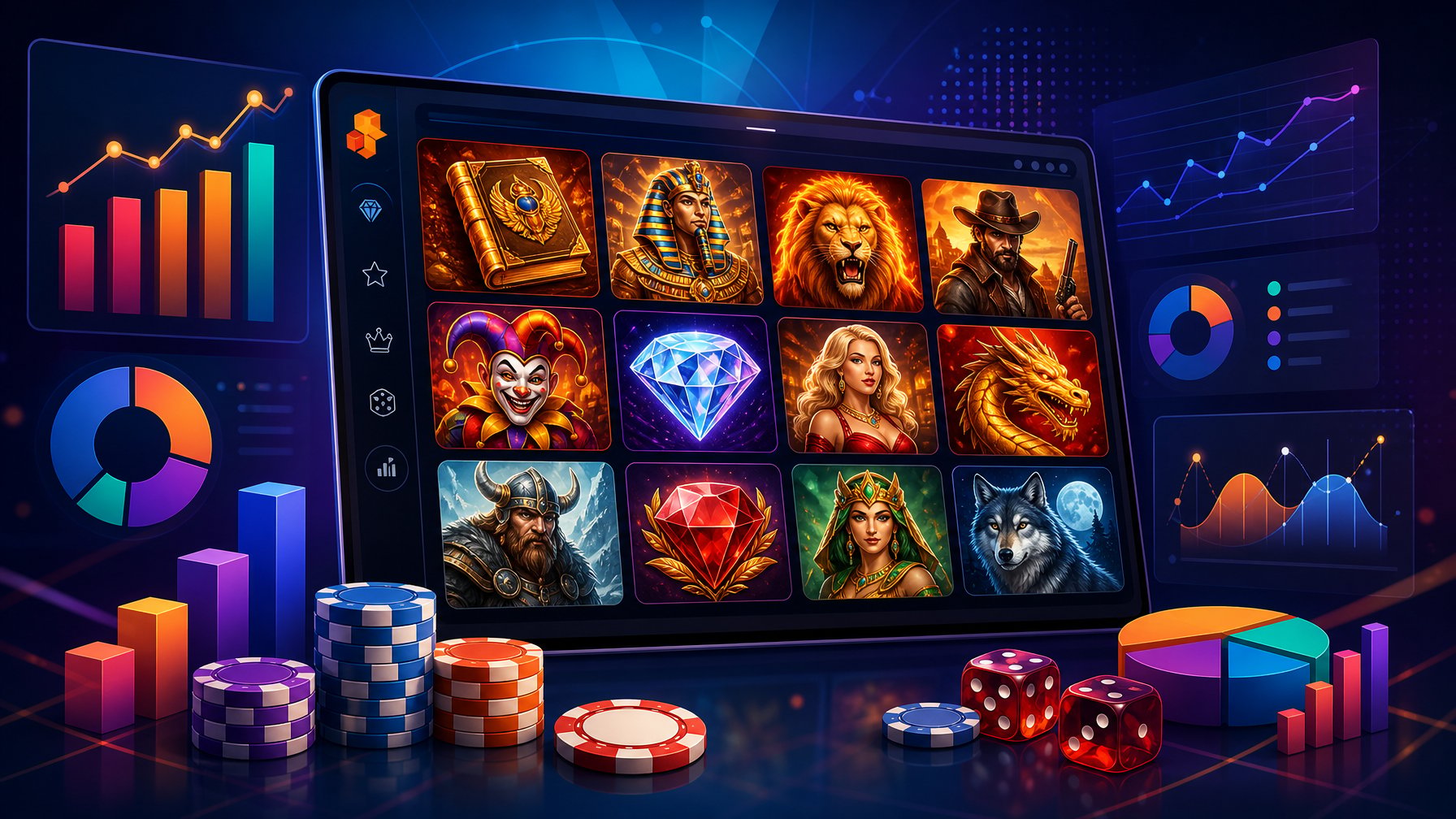 A Digital Interface Showing Casino Game Thumbnails Alongside Charts And Graphs Representing Game Statistics And Performance.