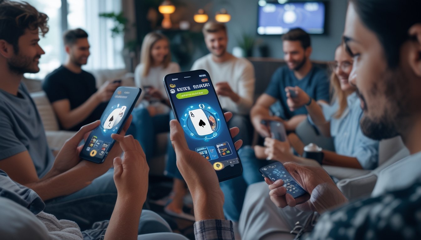 Beberapa orang muda sedang bermain poker online menggunakan aplikasi mobile di ruang tamu yang nyaman dan terang.