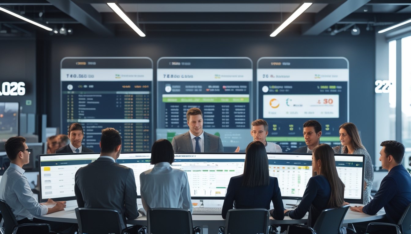 Sekelompok orang sedang berdiskusi di depan layar digital besar yang menampilkan pasar taruhan olahraga lengkap, dengan monitor lain menampilkan pertandingan olahraga langsung di kantor modern.
