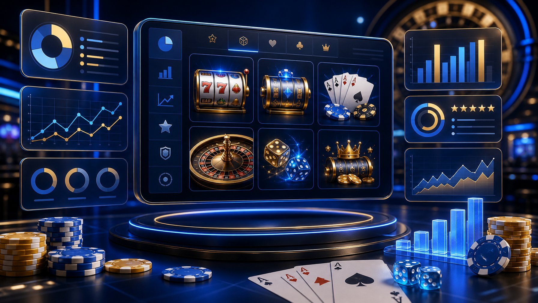 A Digital Dashboard Showing Casino Game Icons, Charts, And Performance Metrics Representing A Casino Game Provider Review.