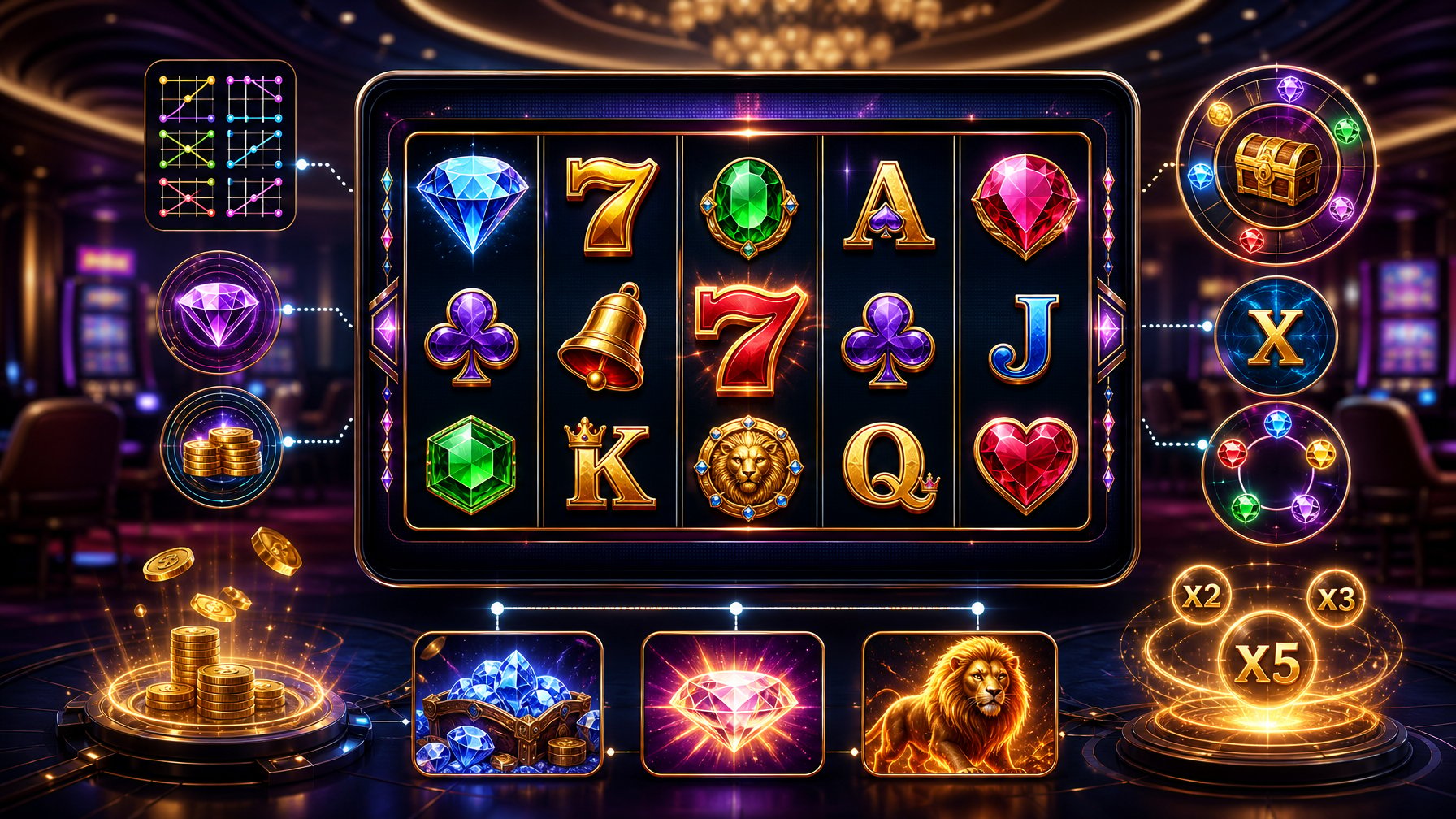 A Digital Casino Game Screen Showing Slot Machine Reels With Symbols And Visual Effects Representing Game Mechanics, Set In A Modern Casino Environment.
