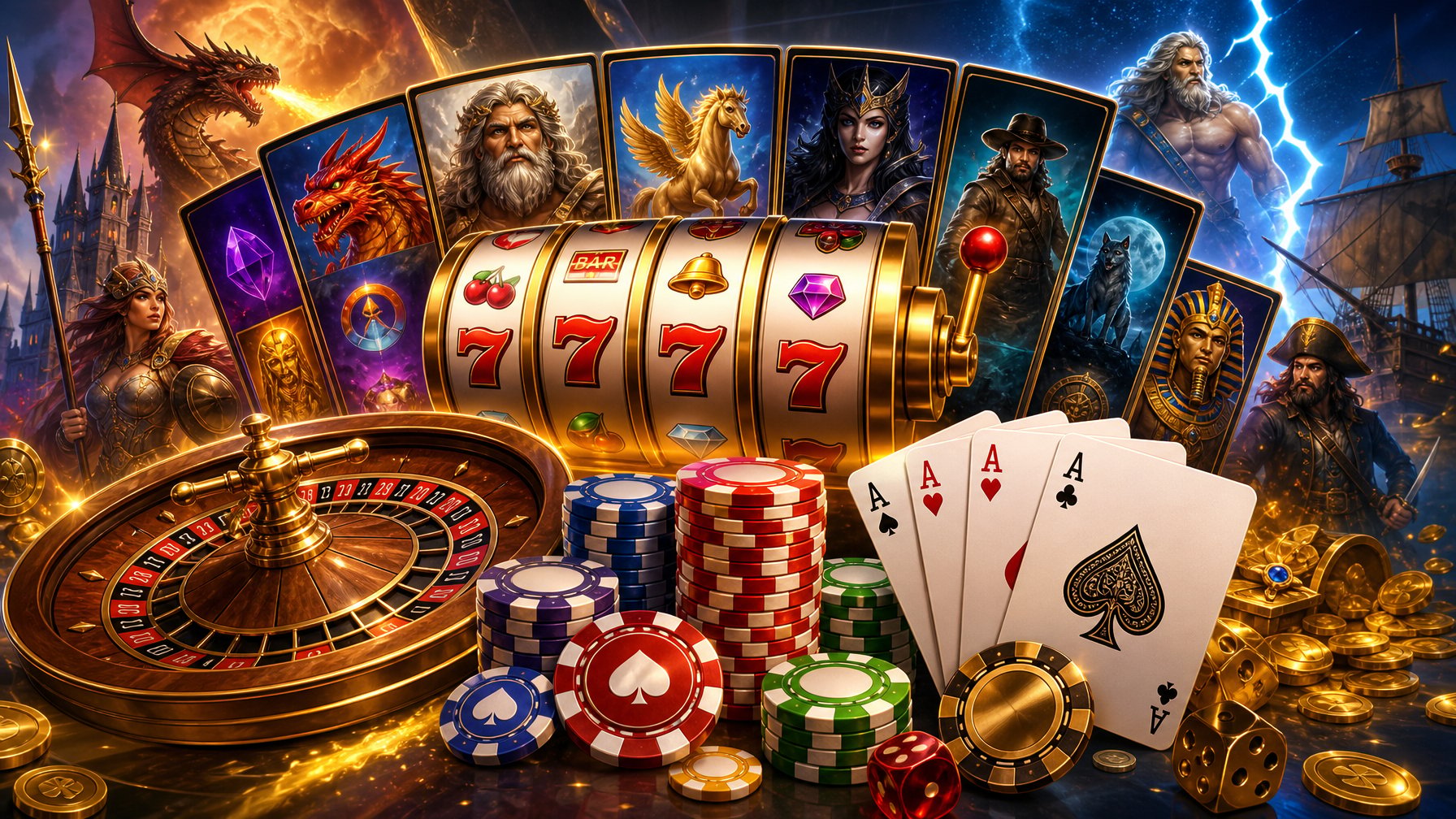 A Casino Scene Showing Slot Machines, Poker Chips, Playing Cards, And A Roulette Wheel Surrounded By Fantasy And Adventure Themed Icons.