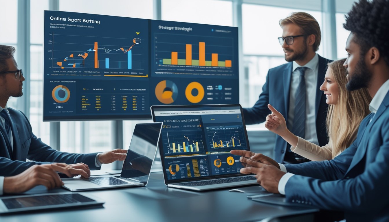 Sekelompok profesional sedang berdiskusi di ruang konferensi dengan layar menampilkan grafik dan data terkait strategi kemenangan dalam bandar bola online.