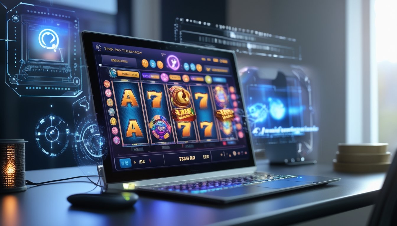 Sebuah layar komputer menampilkan permainan slot online dengan latar belakang teknologi modern dan suasana yang profesional.