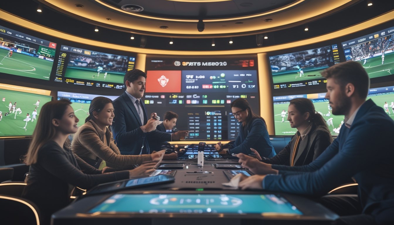 Orang-orang sedang menonton pertandingan sepak bola secara langsung di layar besar dan menggunakan perangkat digital di sebuah ruang taruhan olahraga modern.
