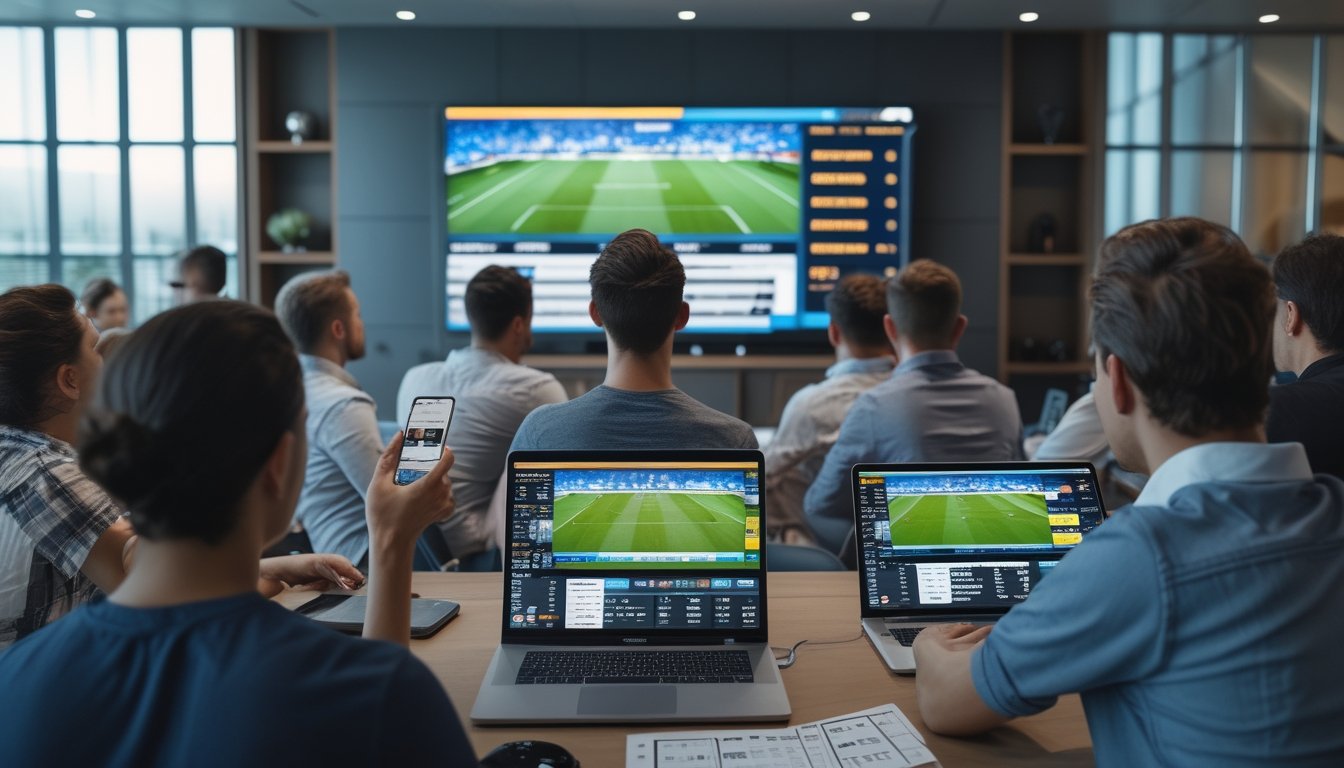 Beberapa orang menonton pertandingan sepak bola secara langsung di layar besar sambil menggunakan perangkat digital untuk bertaruh.
