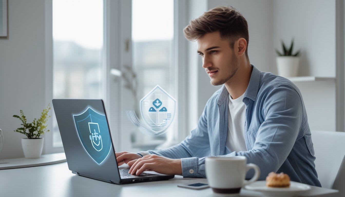 Seorang pria muda menggunakan laptop di meja kerja di rumah, fokus melakukan transaksi online dengan suasana yang aman dan tenang.